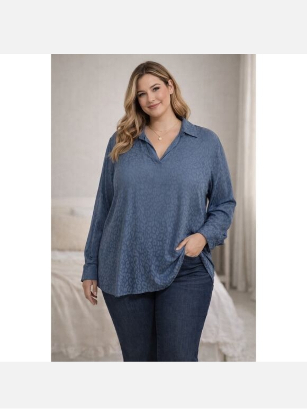 Chico's Blouse Blue Tunic Long Sleeve Chicos Size 3 Size XL